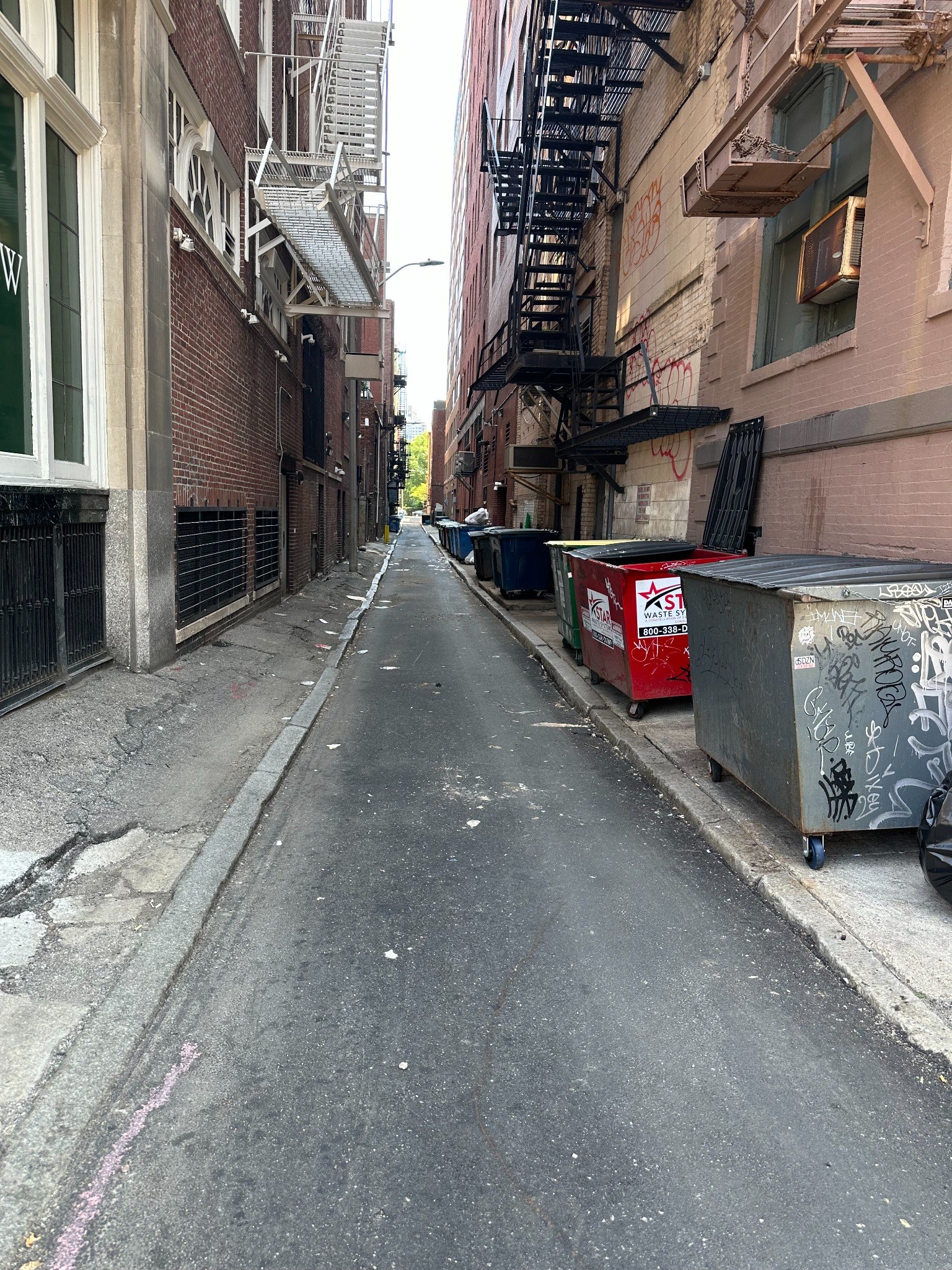 Boston alley with dumpsters where rats can find food and shelter